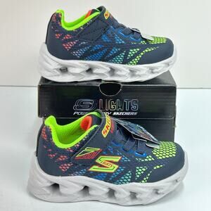 Skechers S-Lights Toddler 6 Light Up Boys Shoes Navy Neon Hook Loop Sneakers NEW